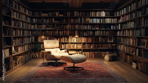 Minimalist home library with dim light, sleek bookshelves, and cozy reading chair at night photo