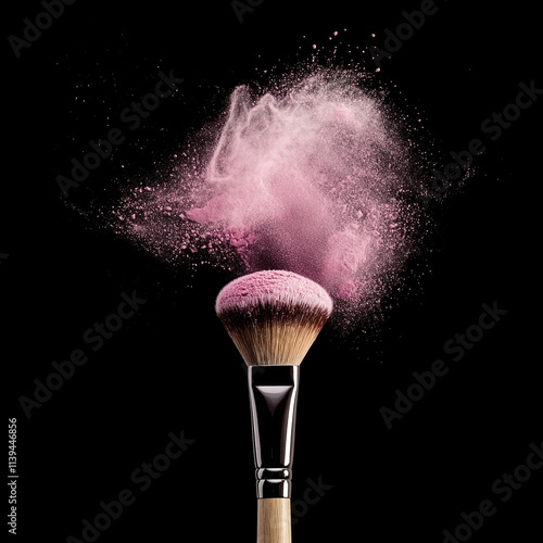 powderbrush on black background with blue powder splash close up photo