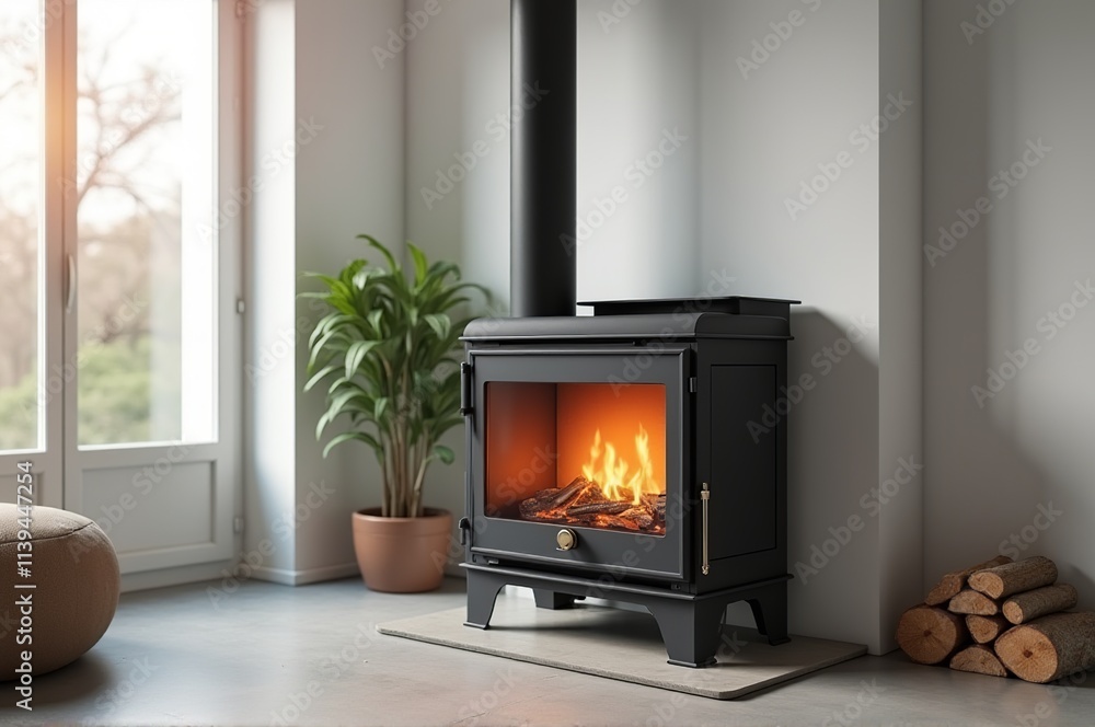 A black wood stove radiates warmth with a crackling fire, nestled beside a lush green plant and stacked firewood in a bright, modern living space. Sunlight filters through the windows A black wood stove radiates warmth with a crackling fire, nestled beside a lush green plant and stacked firewood in a bright, modern living space. Sunlight filters through the windows
