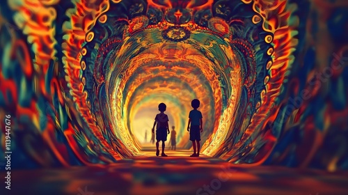 Two Children Walk Through A Vibrant Colorful Tunnel