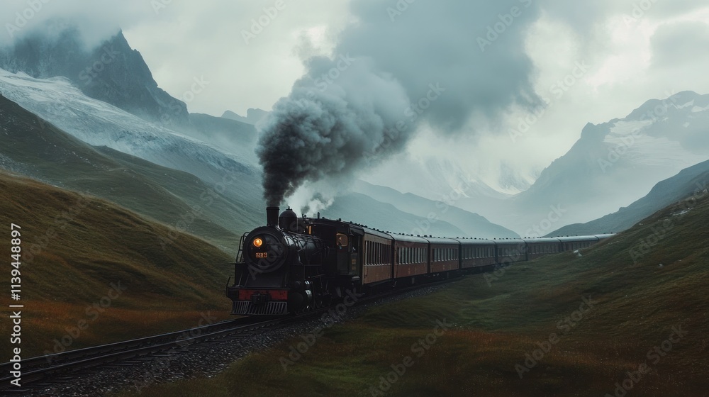 Obraz premium Majestic Mountain Train Journey: A Steam Locomotive Chugs Through a Breathtaking Alpine Landscape