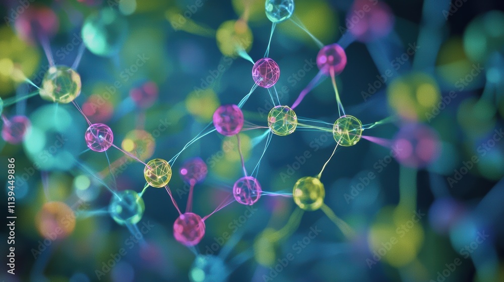 Neon network graph circular nodes on a blurred blue background Neon network graph circular nodes on a blurred blue background