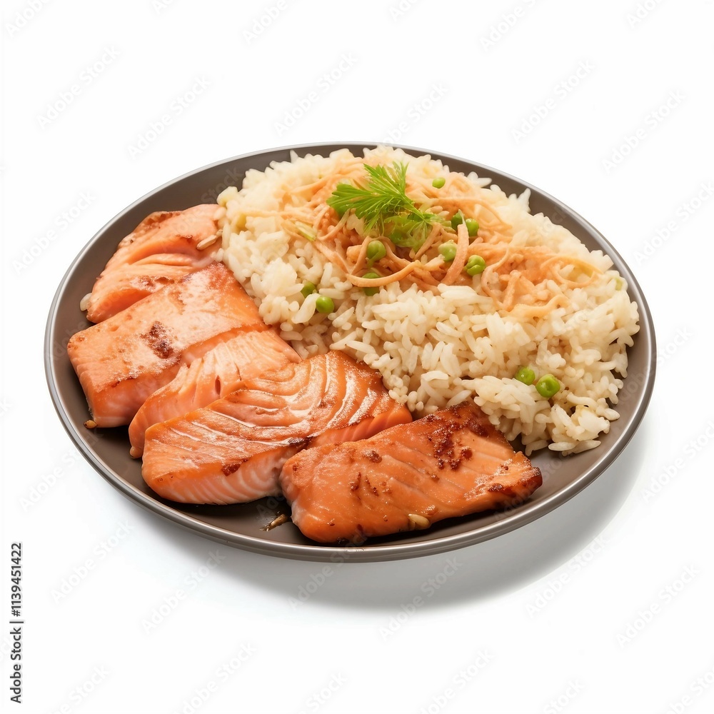 smoked salmon with rice , Isolated white background, flat lay smoked salmon with rice , Isolated white background, flat lay