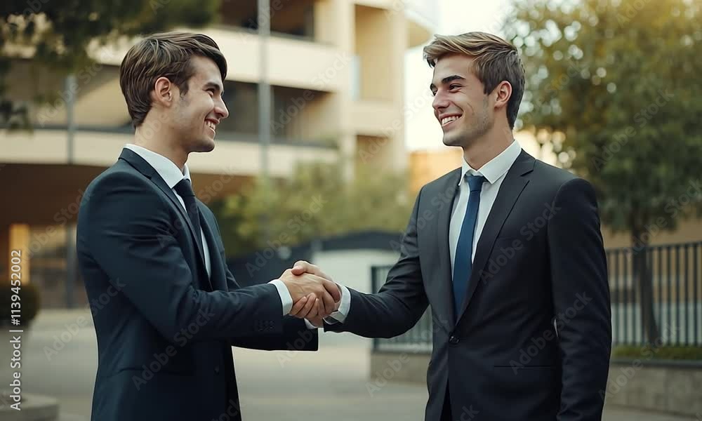 Two men in suits shaking hands, symbolizing a business agreement or partnership.