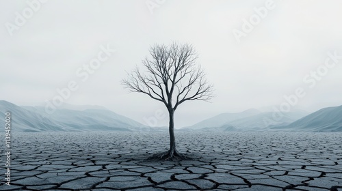 Drought's grip a dry tree amidst cracked earth landscape