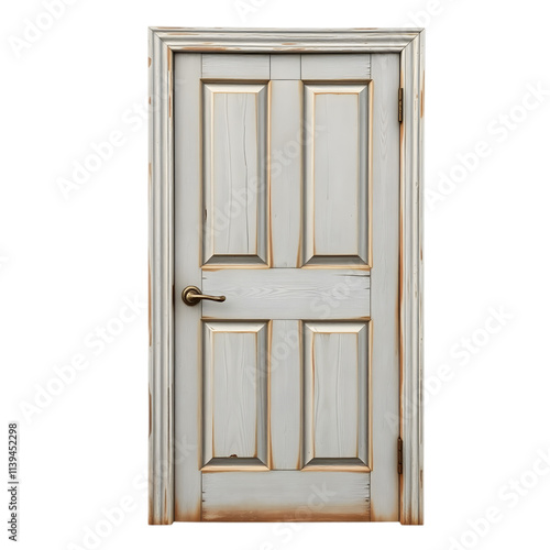 An aged wooden door with peeling paint, isolated on a white background photo