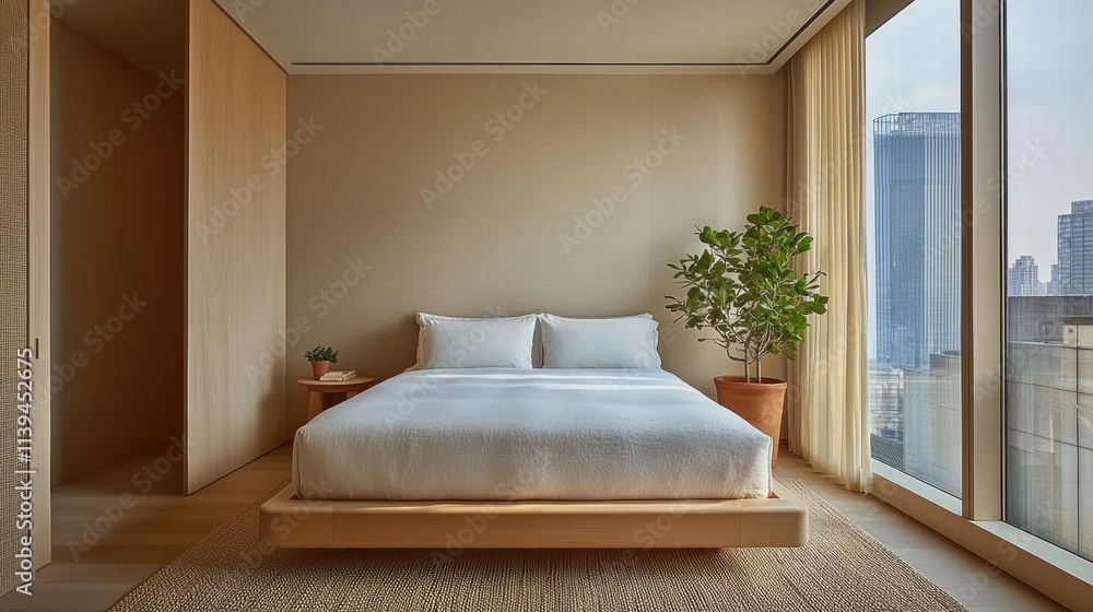 Serene bedroom corner with natural elements in neutral tones Serene bedroom corner with natural elements in neutral tones