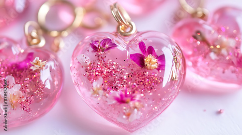 Heart shaped resin keychains with flowers and glitter