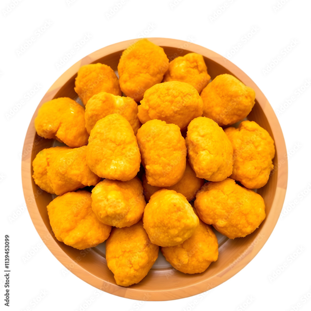 Golden chicken nuggets arranged neatly on a round wooden plate, white background Golden chicken nuggets arranged neatly on a round wooden plate, white background