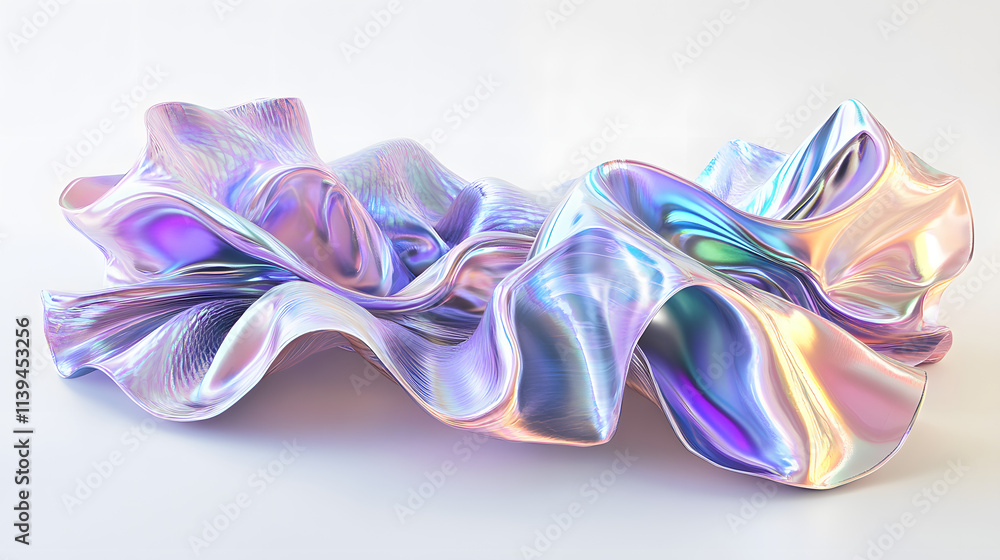 Fototapeta premium A sculptural, abstract form made of iridescent, flowing fabric with shimmering pastel hues and reflective light effects. .