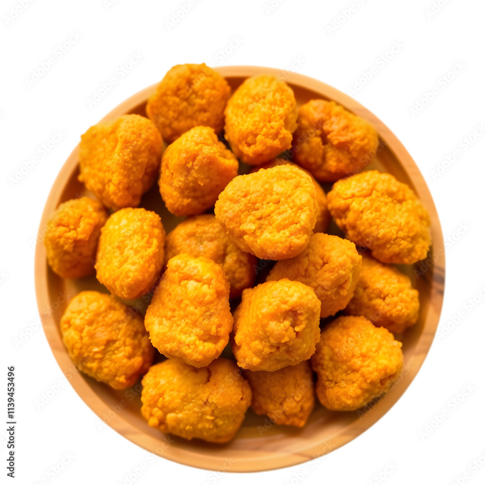 Golden chicken nuggets arranged neatly on a round wooden plate, white background Golden chicken nuggets arranged neatly on a round wooden plate, white background