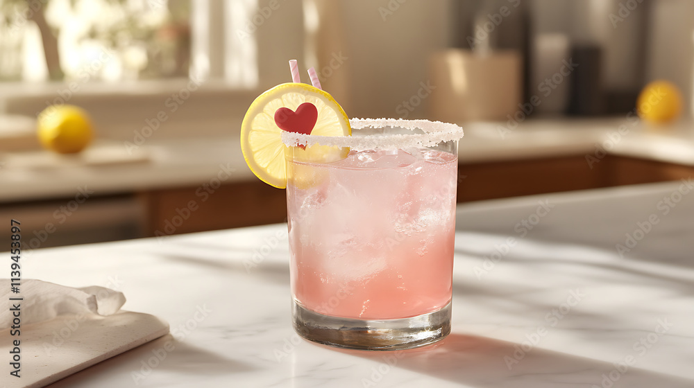 refreshing glass of pink lemonade with lemon slice and heart garnish refreshing glass of pink lemonade with lemon slice and heart garnish