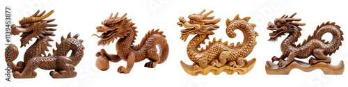 Chinese New Year, Lunar snake year. Four intricately carved wooden dragon figures in various poses.