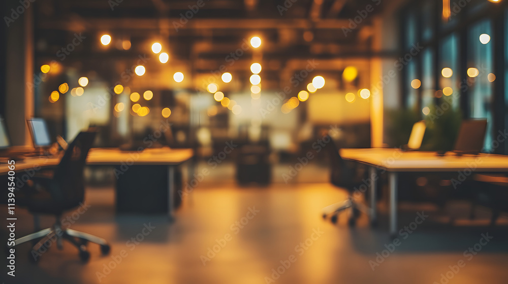 A contemporary open office space featuring blurred desks, chairs, and warm ambient lighting creating a cozy and modern work atmosphere. . A contemporary open office space featuring blurred desks, chairs, and warm ambient lighting creating a cozy and modern work atmosphere. .