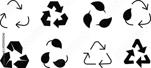 Recycle vector icon set, Rounded angles graphic elements. Recycled signs, Renewable resources. Nature conservation. Duotone pictograms thin linear. Editable stroke, isolated on transparent background.