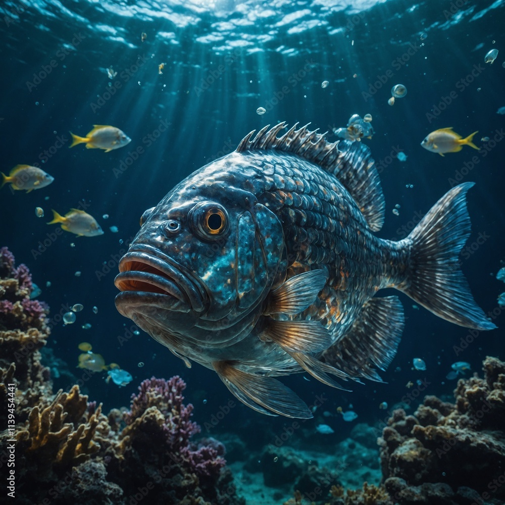 A large, mystical fish carrying a polished mirror cup inside, floating through a dreamy underwater world full of glowing orbs and swirling patterns. A large, mystical fish carrying a polished mirror cup inside, floating through a dreamy underwater world full of glowing orbs and swirling patterns.