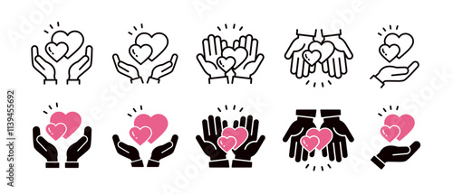 2つのハートを持つ手のアイコンセット＿線とシルエットのセット＿びっくり