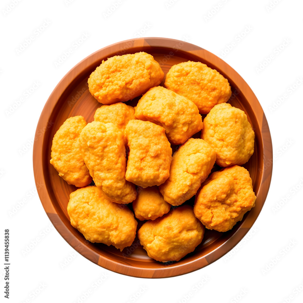 Golden chicken nuggets arranged neatly on a round wooden plate, white background Golden chicken nuggets arranged neatly on a round wooden plate, white background