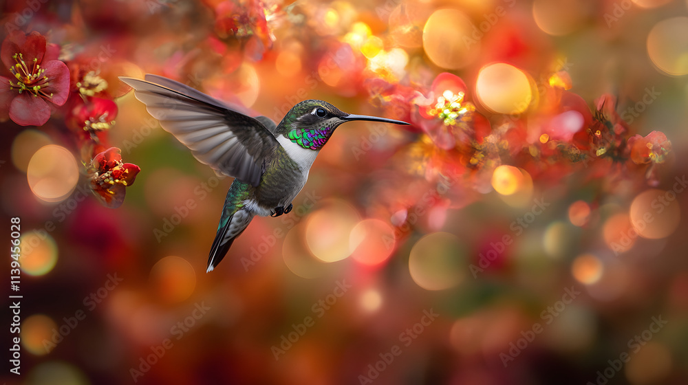 Naklejka premium A green hummingbird in mid-flight with blurred wings, surrounded by vibrant red and orange flowers against a soft, colorful background. .