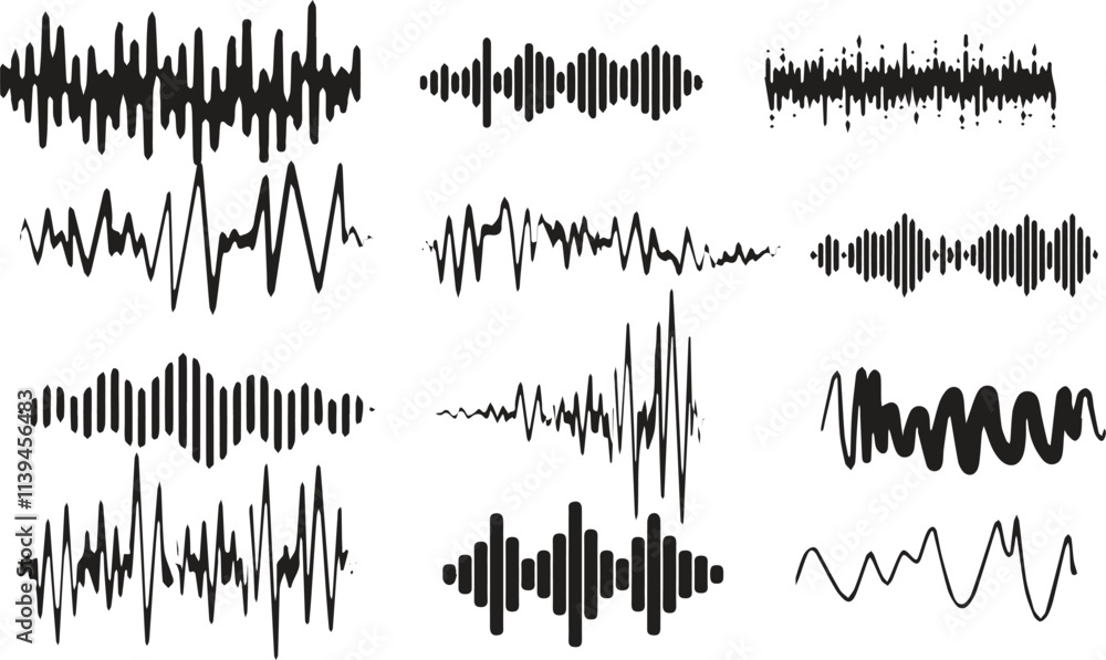 collection of abstract soundwave and waveform silhouettes in black, featuring dynamic audio waves and creative line art ideal for technology and music visuals collection of abstract soundwave and waveform silhouettes in black, featuring dynamic audio waves and creative line art ideal for technology and music visuals