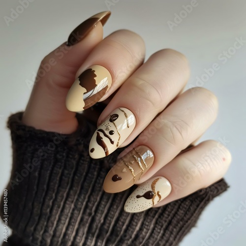 Hand showcases intricate coffeethemed nail art brown beige gradients mimicking coffee stains crema long pointed nails photo