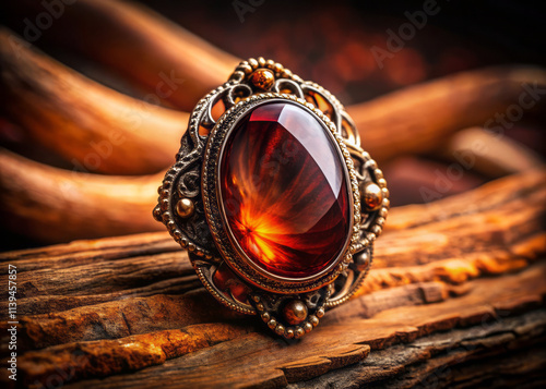 stunning vintage brooch featuring large amber gemstone, intricately designed with ornate metalwork. warm hues of stone create captivating focal point photo