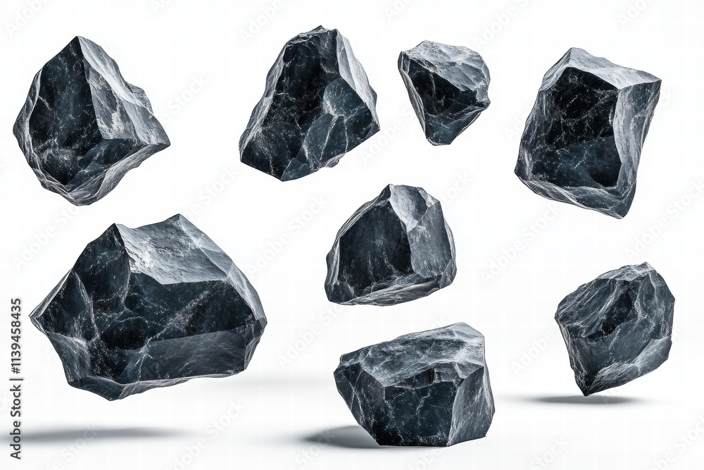 Naklejka premium Collection of Black Rocks, Isolated on White Background