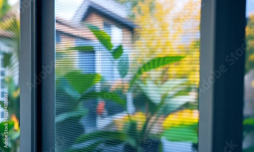 A close-up of a screen window with blurred greenery and sunlight in the background.