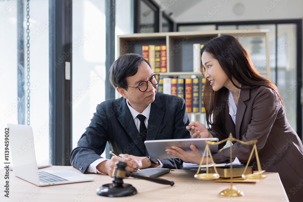 Fototapeta premium Lawyer or judge consult, Lawyers discussing about contract and agreement concept.