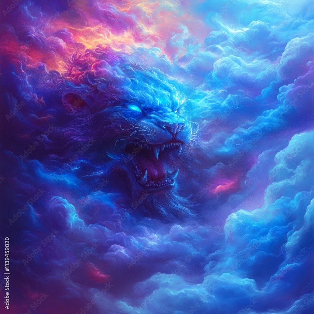 Celestial Lion A Mystical Creature Emerging from Clouds Celestial Lion A Mystical Creature Emerging from Clouds