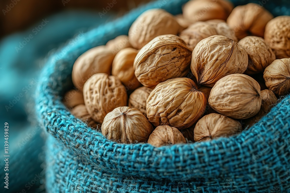 A bag of walnuts is sitting on a blue cloth A bag of walnuts is sitting on a blue cloth
