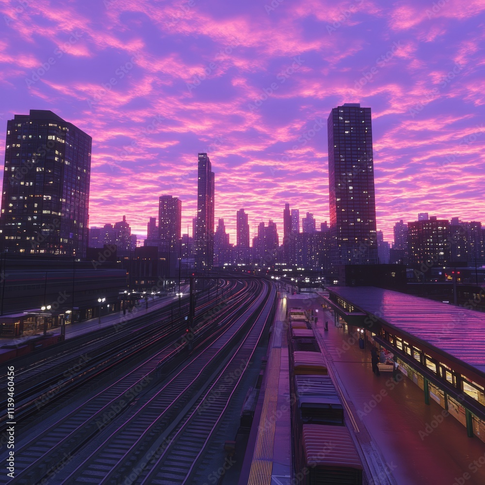 Fototapeta premium Cityscape Railroad Tracks at Sunset Purple Sky Urban Transit Scene