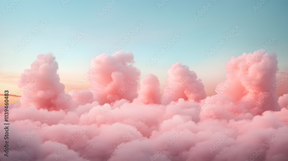 Fototapeta premium Soft, fluffy clouds in pastel pink and orange hues illuminated by a glowing sunset, creating a serene, dreamy atmosphere. .
