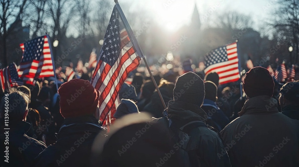 A crowd of people are holding up American flags A crowd of people are holding up American flags