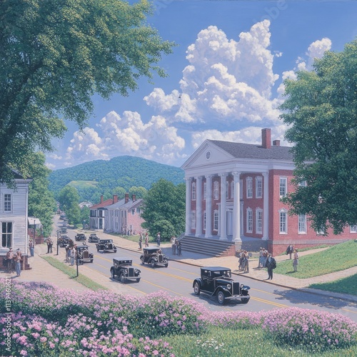 Classic Cars Parading Past Historic Courthouse on Sunny Day photo