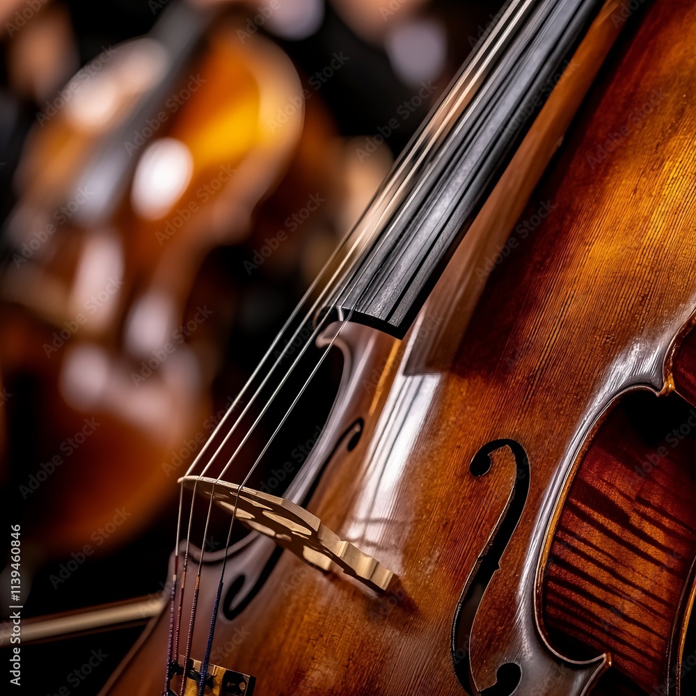 Closeup of a Polished Cello, Strings and Bridge in Focus Closeup of a Polished Cello, Strings and Bridge in Focus
