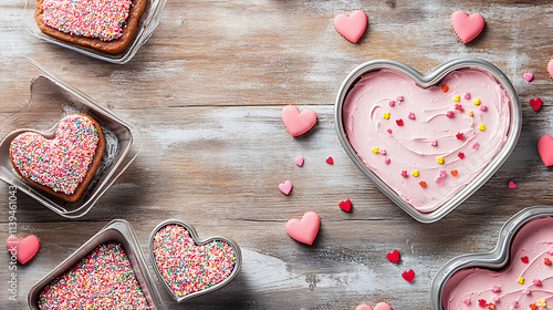 Delightful heart shaped baking setup with colorful sprinkles and frosting photo