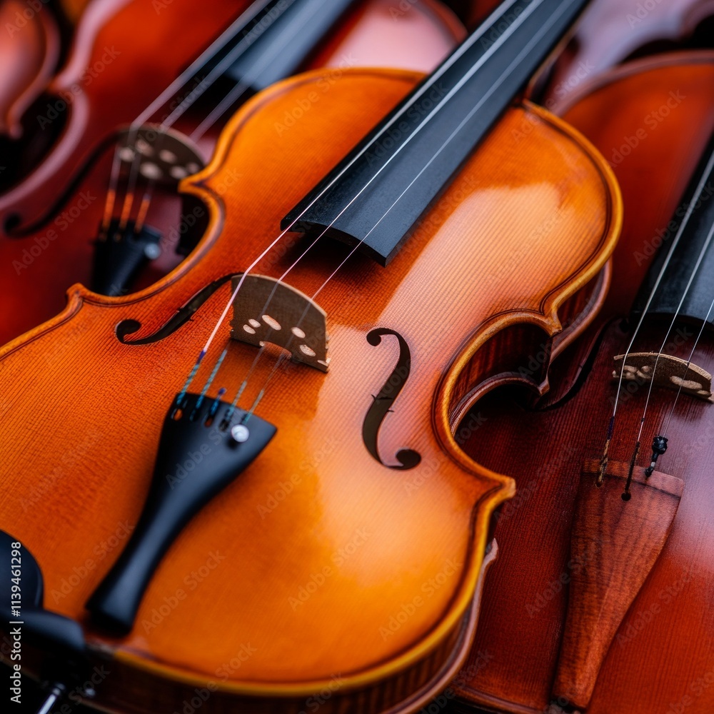Fototapeta premium Closeup of Several Polished Violins Arranged Together