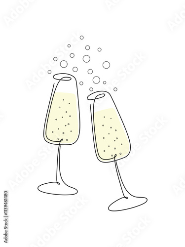 Two glasses of champagne, hand-painted bubbles isolated on a white background, illustration with a line, vector. A graphic modern element for a holiday, wedding, party decoration, Christmas.