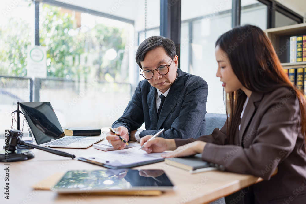 Lawyer or judge consult, Businessman and woman lawyers discussing about contract and agreement concept. Lawyer or judge consult, Businessman and woman lawyers discussing about contract and agreement concept.