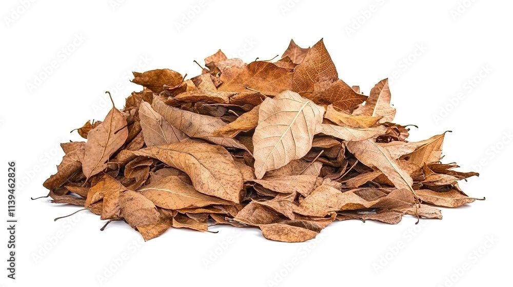 A pile of dry, brown leaves isolated on a white background with a clipping path. A pile of dry, brown leaves isolated on a white background with a clipping path.