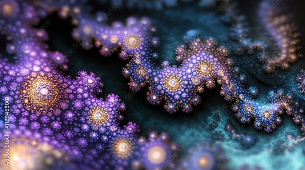 Fototapeta premium Abstract fractal design with swirling patterns of vivid purple, gold, and teal colors; intricate details of organic shapes, reminiscent of coral, with glowing, dotted structures.