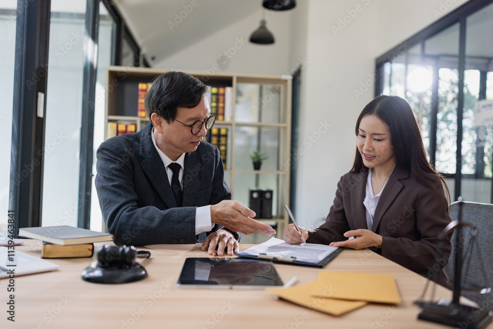Lawyer or judge consult, Businessman and woman lawyers discussing about contract and agreement concept. Lawyer or judge consult, Businessman and woman lawyers discussing about contract and agreement concept.