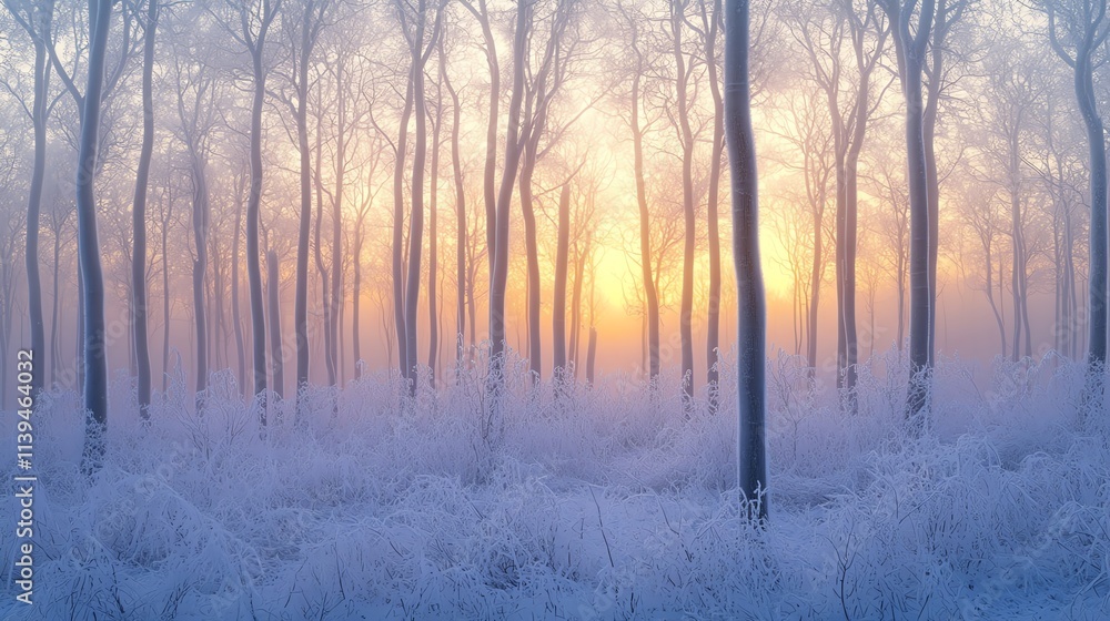 Tranquil winter forest at sunrise with fog. Tranquil winter forest at sunrise with fog.