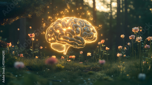 A brain is glowing in a field of flowers. The brain is surrounded by a field of pink flowers, creating a serene and peaceful atmosphere. The glowing brain represents the power of the mind