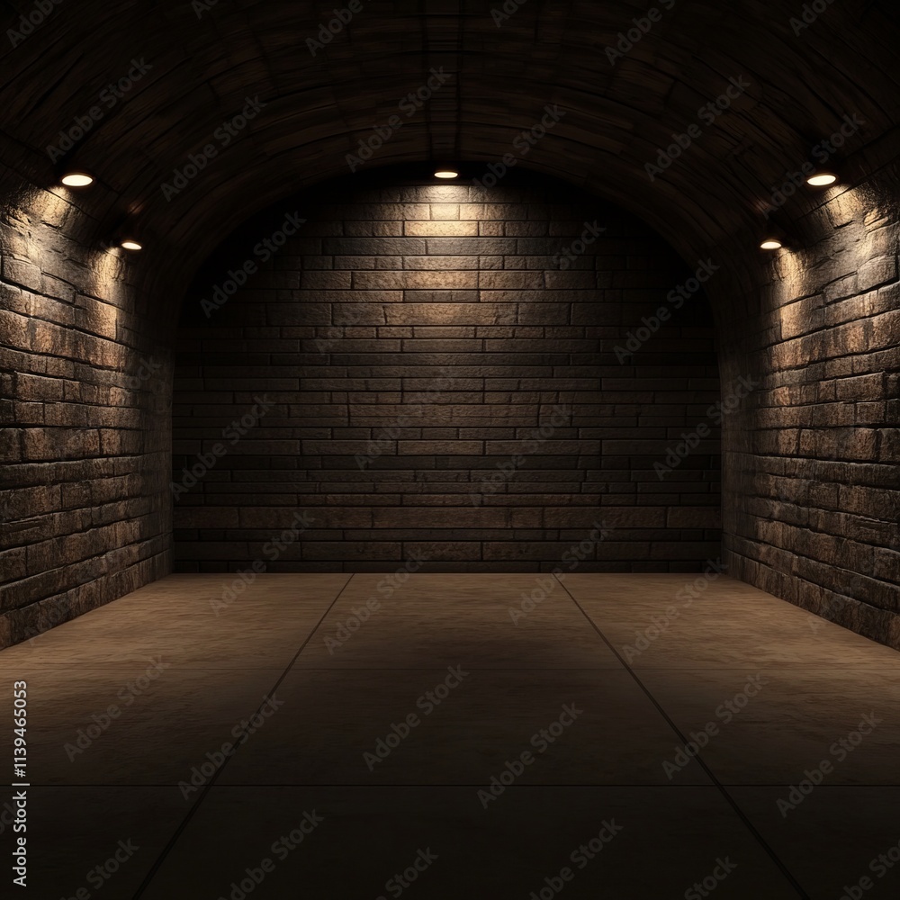 Obraz premium Dark Brick Tunnel Interior with Subtle Lighting