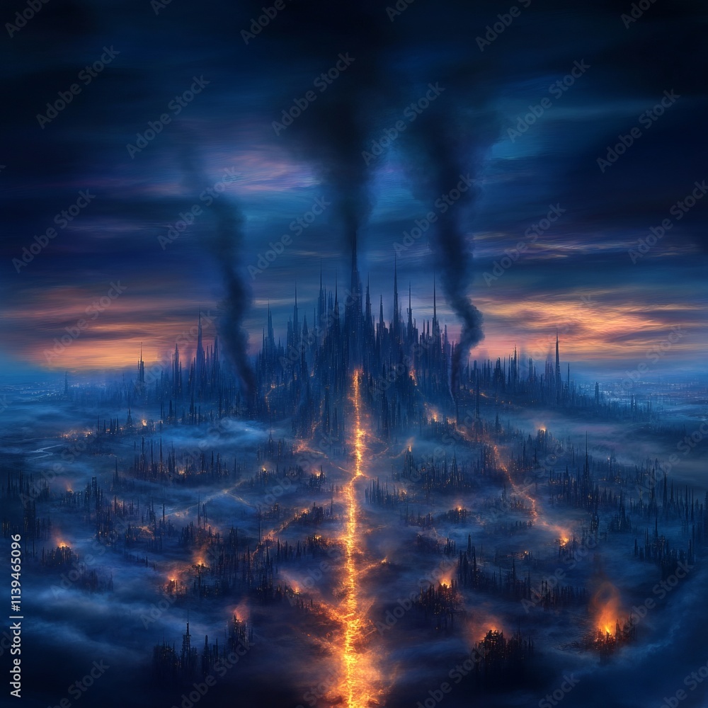 Fototapeta premium Dark Cityscape A Futuristic Metropolis Under a Smoky Sky