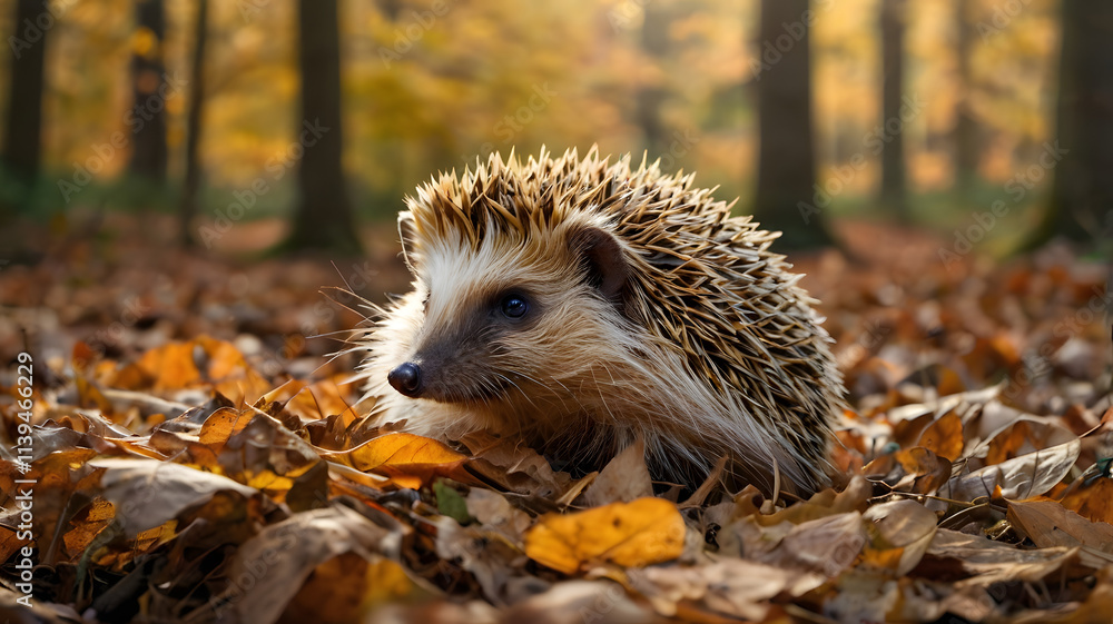Fototapeta premium Hedgehog in Autumn Leaves: A solitary hedgehog, with its spiky coat and curious gaze, navigates a bed of fallen leaves. The warm hues of autumn create a serene and cozy atmosphere.