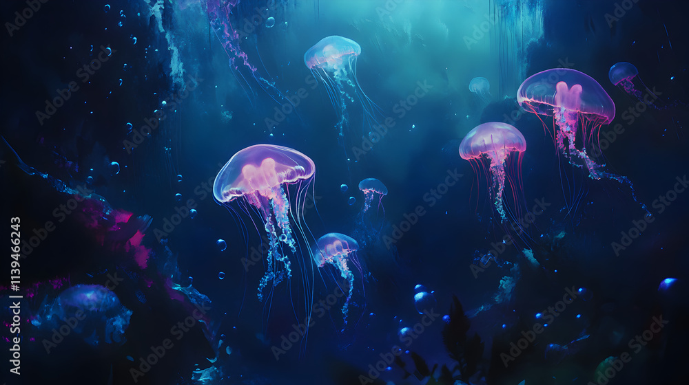 A group of jellyfish are floating in the ocean. The jellyfish are purple and pink. The ocean is dark blue A group of jellyfish are floating in the ocean. The jellyfish are purple and pink. The ocean is dark blue