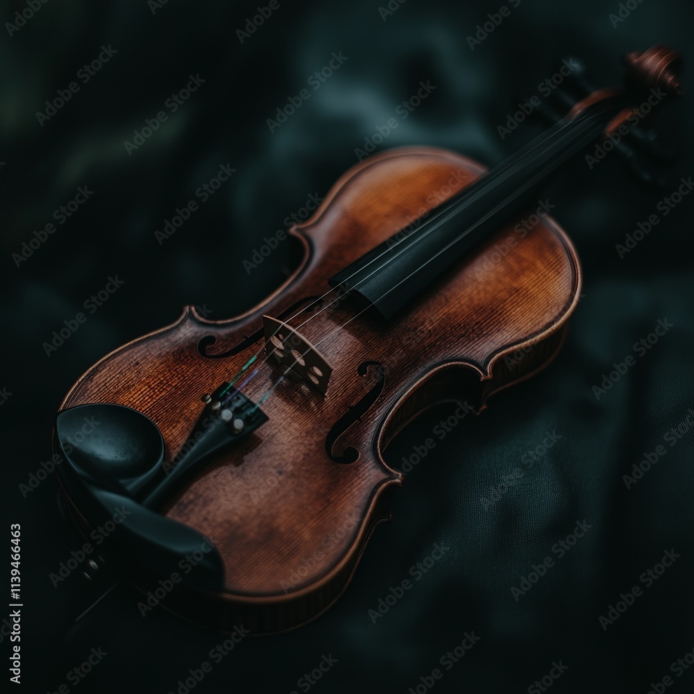 Fototapeta premium Darkly Lit Violin Resting on Fabric Surface